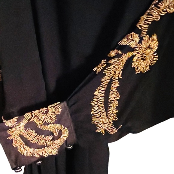 Black Silk Chiffon Jumpsuit with Gold Beaded Batwing Sleeves | Esé Azénabor - Picture 5 of 9